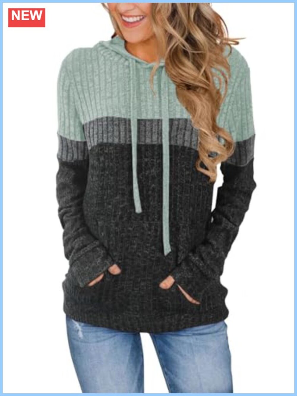 Cozy Knit Colorblock Hoodie Tunic Sweater with Kangaroo Pocket